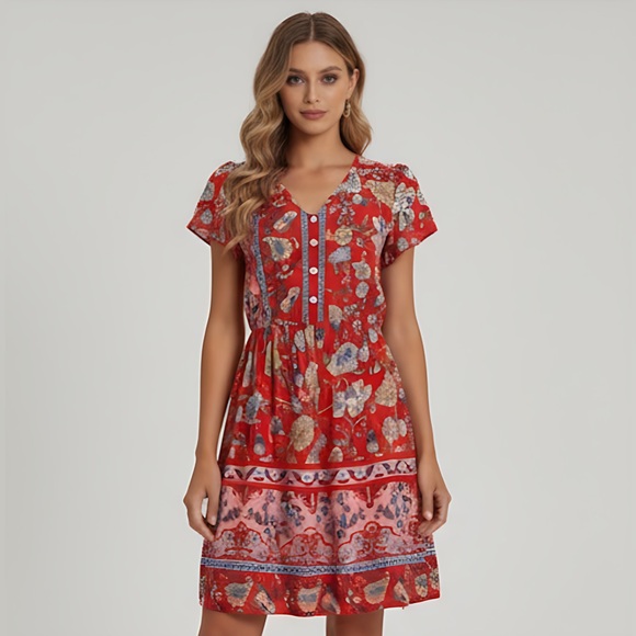 Dresses & Skirts - Red Boho Floral Print Petal Sleeve Dress